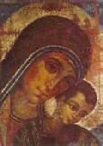 Icona della Madonna con il Bambino, i volti accostati guancia a guancia, su fondo dorato