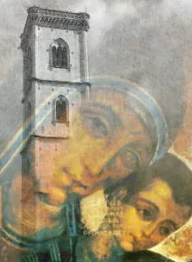 Fotomontaggio con il volto della Madonna con il Bambino dell'icona sovrapposto al campanile di Orentano