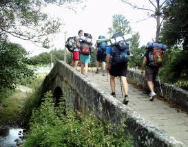 Pellegrini con grandi zaini e bastoni attraversano un antico ponte in pietra immerso nel verde