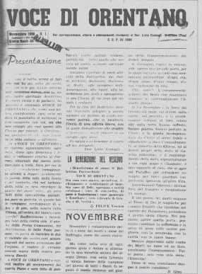 Prima pagina del primo numero della Voce di Orentano, novembre 1958